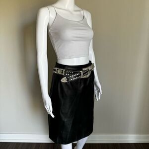 Vintage Black Leather High Rise Skirt With Back Slit